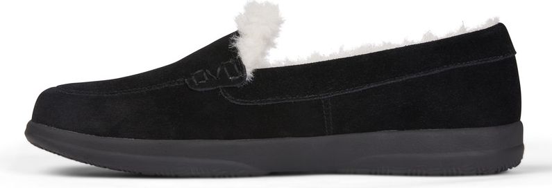 A black suede loafer with faux fur lining and black soles.