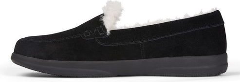 A black suede loafer with faux fur lining and black soles.