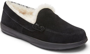 Black suede loafer slipper with faux fur lining.