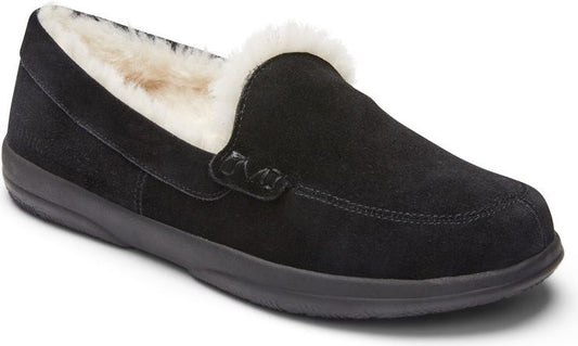 Black suede loafer slipper with faux fur lining.