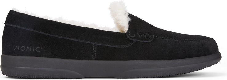 A black suede slipper with white faux fur lining and dark sole, featuring the word Vionic.