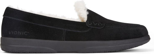 A black suede slipper with white faux fur lining and dark sole, featuring the word Vionic.