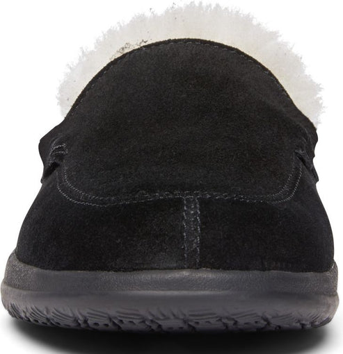 Front view of a black suede slipper with white fur trim.