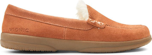 A brown suede loafer-style slipper with cream-colored fur lining.