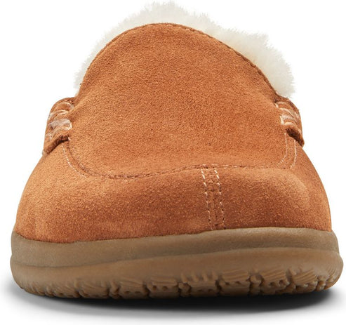 Close-up of a tan suede moccasin slipper with a faux fur trim.