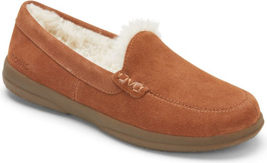 Suede loafer-style slipper with faux fur lining and rubber sole.