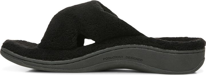 A black slide-on slipper with a thick, fuzzy strap.