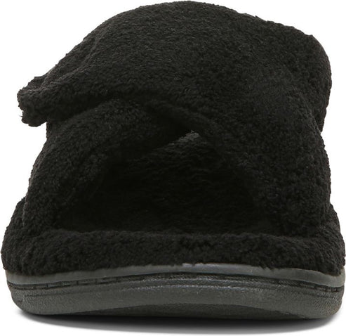 Back view of a black slipper featuring a rounded toe and textured upper.