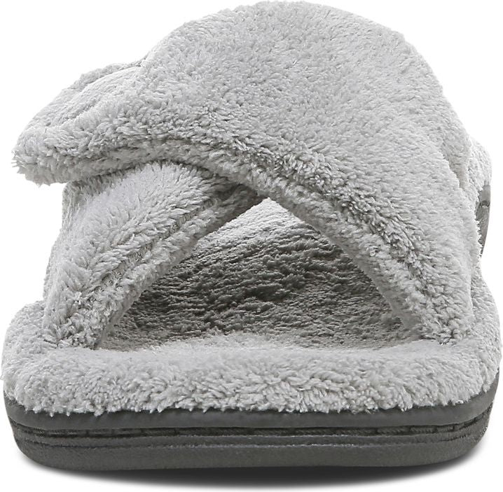 Front view of a gray fuzzy slipper with overlapping straps.