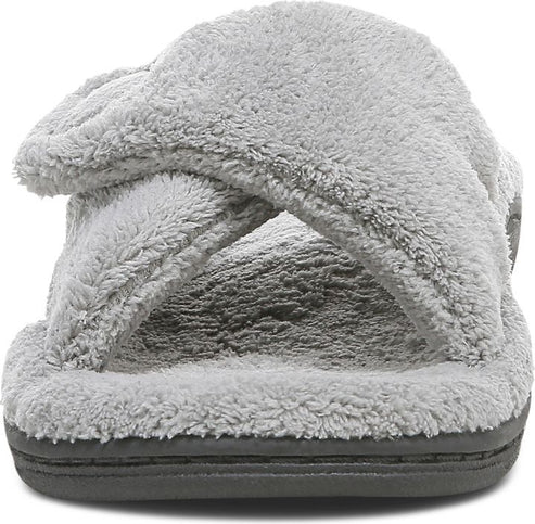 Front view of a gray fuzzy slipper with overlapping straps.