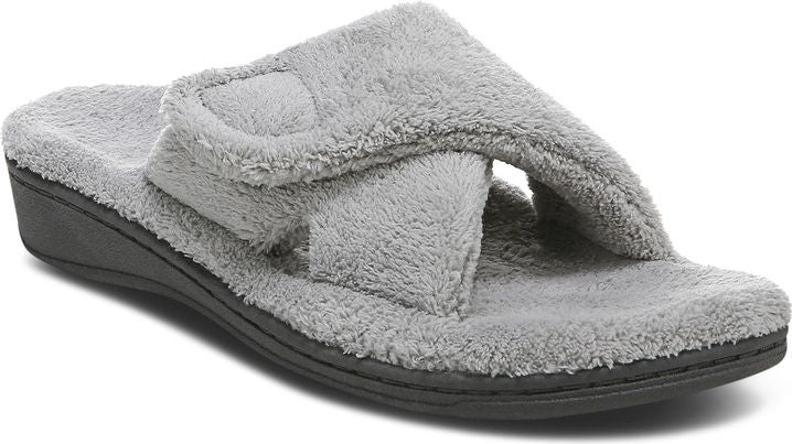 Gray fuzzy slipper with adjustable strap and flat sole.