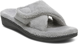 Gray fuzzy slipper with adjustable strap and flat sole.