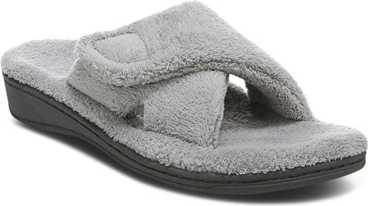 Gray fuzzy slipper with adjustable strap and flat sole.
