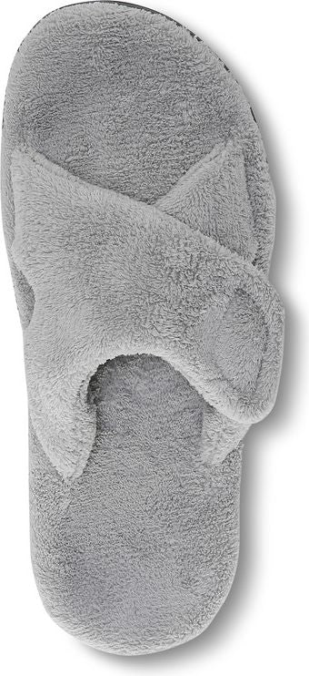 Gray plush slipper with crossover straps.
