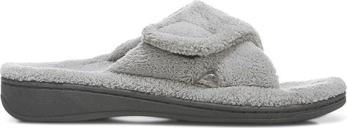 A grey fuzzy slipper.