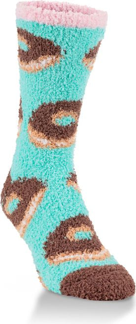 A fuzzy sock with donut patterns.