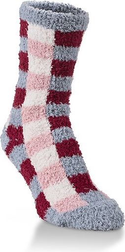 A cozy sock with alternating squares of gray, maroon, white, and pink.