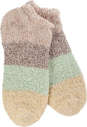 Striped fuzzy socks with beige, brown, and light green stripes.