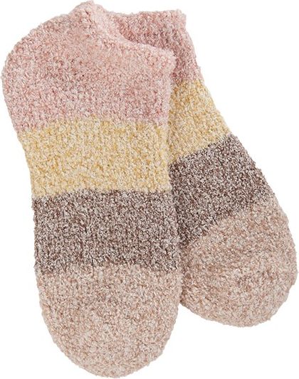 Pair of striped socks in pink, gold, brown, and taupe.
