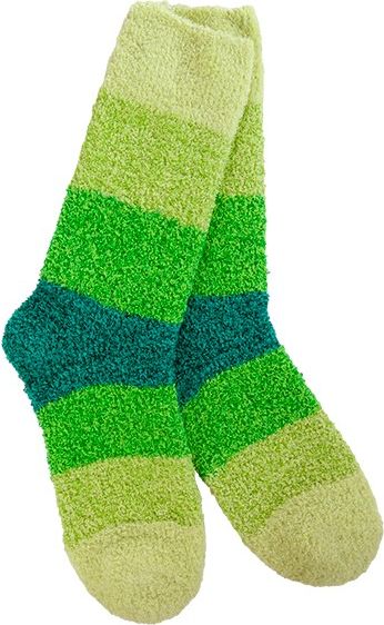 Pair of fuzzy socks with horizontal stripes in light green, medium green, and teal.