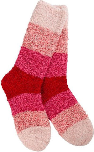 Striped socks with thick horizontal bands of red, dark pink, light pink, and white.