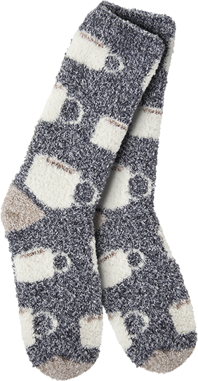 Gray fuzzy socks patterned with white coffee cups.