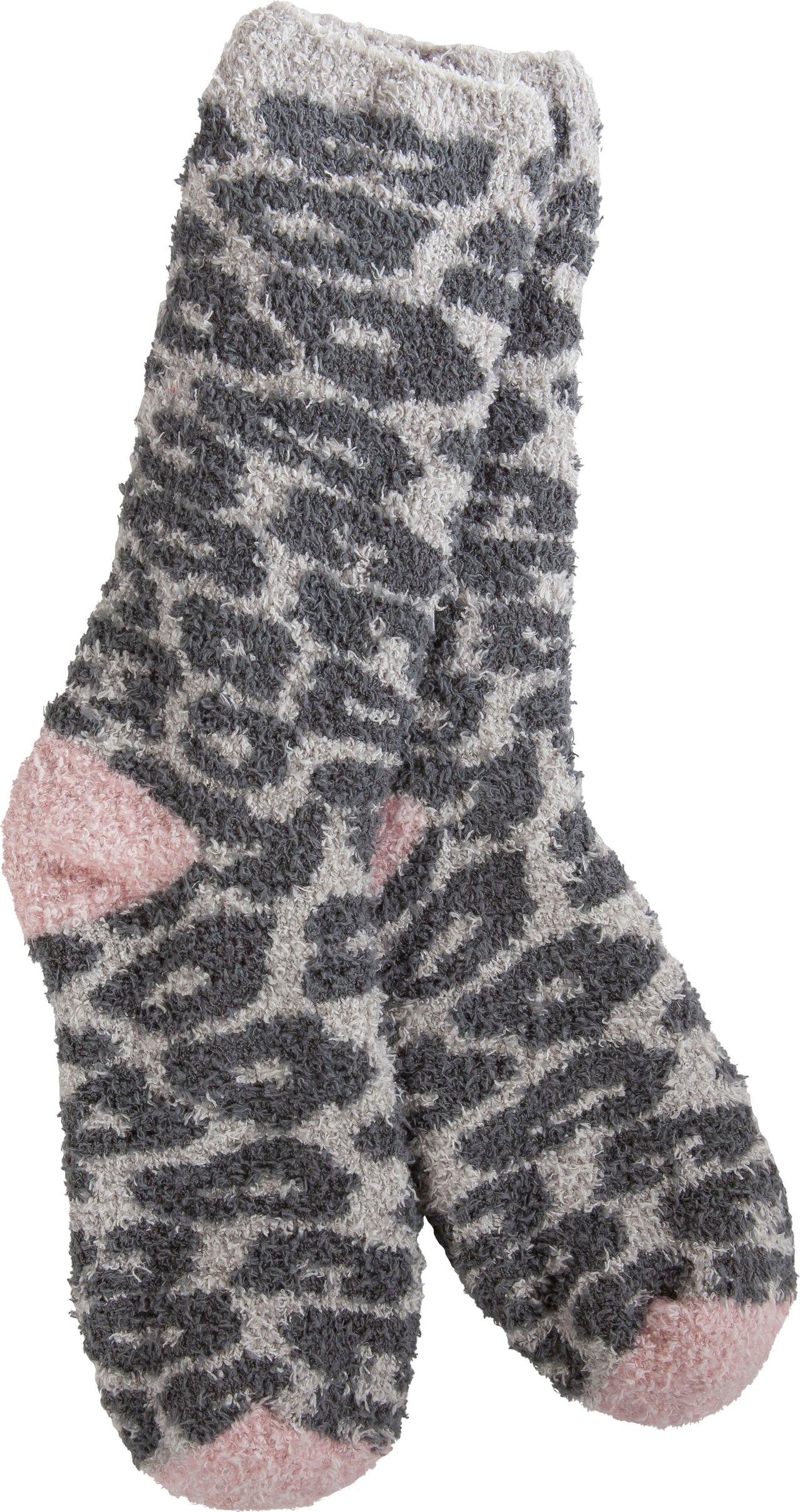 A pair of gray and pink fuzzy socks with a leopard print.