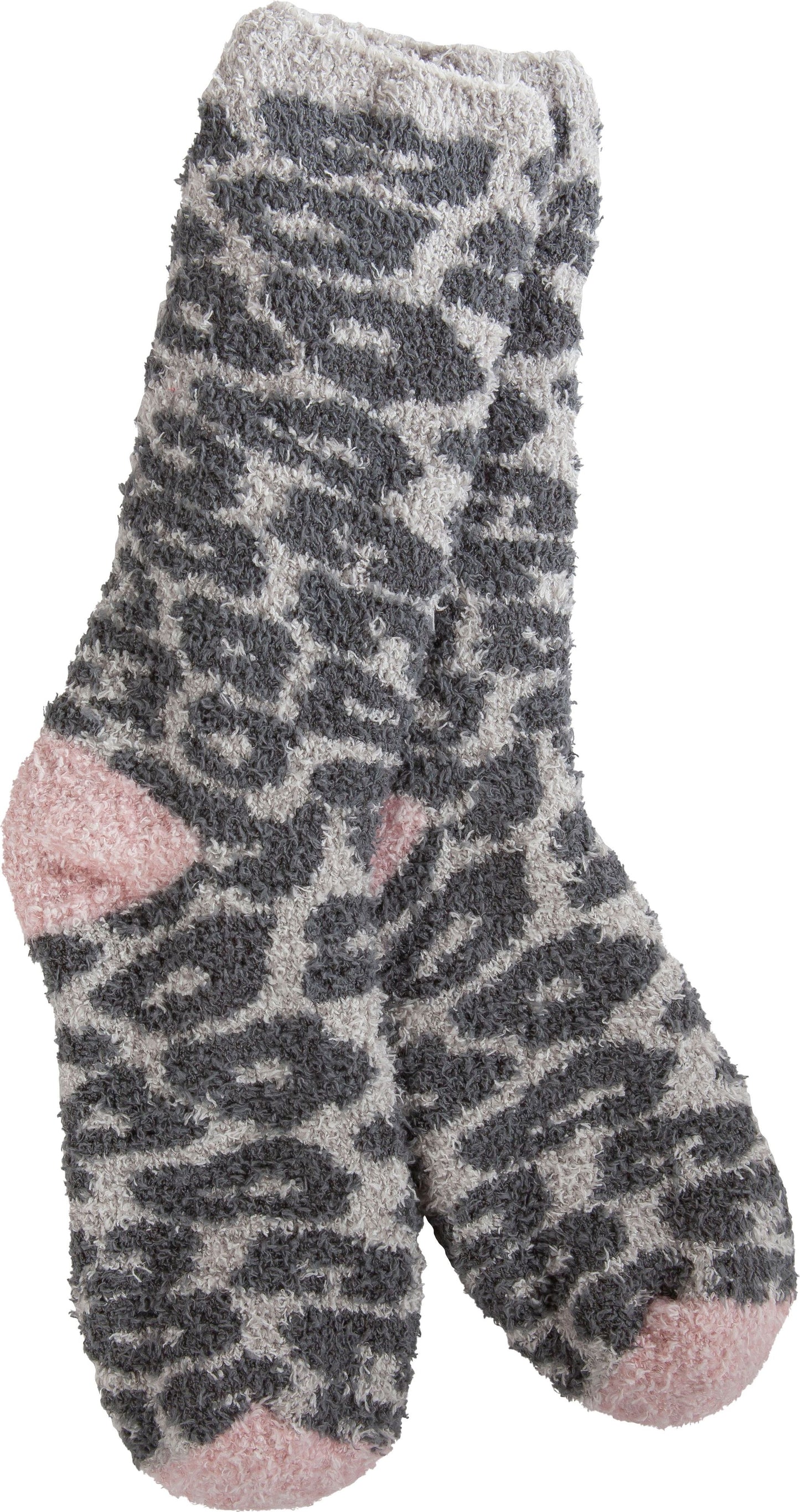 A pair of gray and pink fuzzy socks with a leopard print.