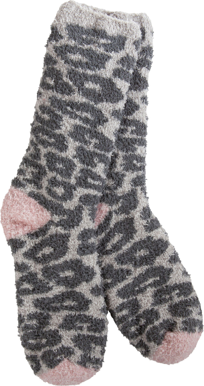 A pair of gray and pink fuzzy socks with a leopard print.