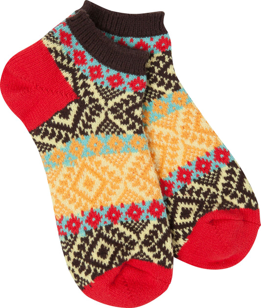 Pair of ankle socks with red heel and toe, multicolor geometrical pattern.