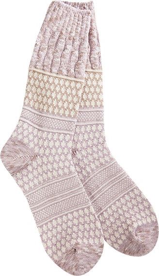 Pair of patterned crew-length knit socks.
