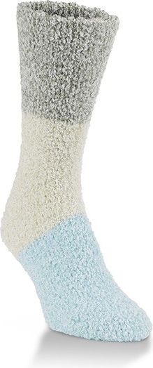 A plush, color-blocked sock with a gray top, off-white middle, and light blue bottom.