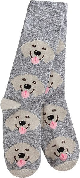 Pair of gray socks with repeating dog face pattern.