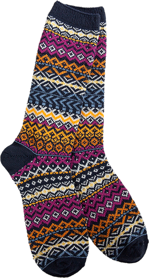 Pair of patterned socks with geometric diamond designs in navy, purple, orange, and gold.