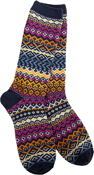 Pair of patterned socks with geometric diamond designs in navy, purple, orange, and gold.