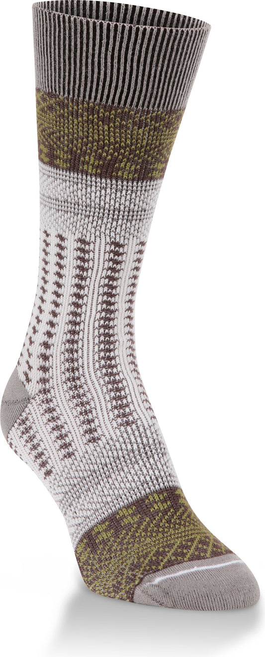 A patterned sock with brown, grey, and white stripes and patterns.