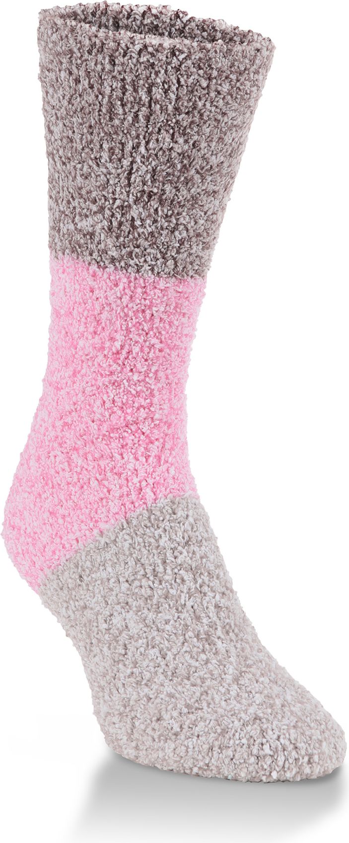 A striped gray, pink, and gray fuzzy sock.