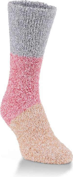 A single sock with sections of gray, pink, and tan.