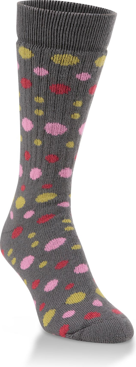 A patterned gray sock with pink, red, and yellow ovals.