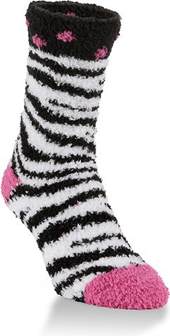 fuzzy sock with black zebra stripes and pink toe and heel