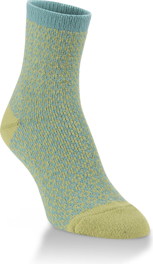 Blue and yellow patterned sock with yellow toe and heel.