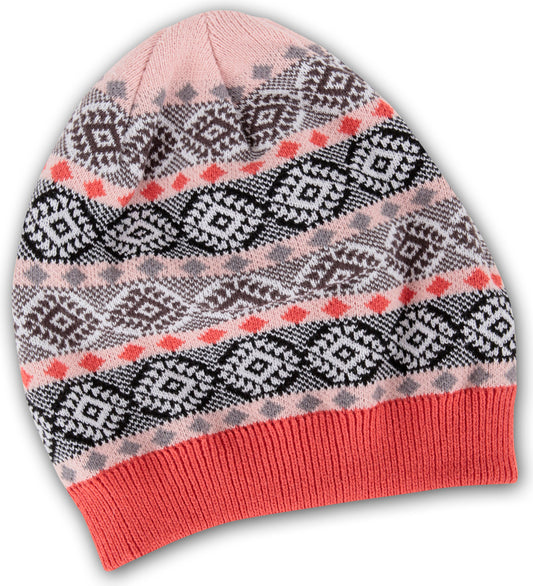 Knitted beanie with pink base, red ribbed edge, and geometric pattern.