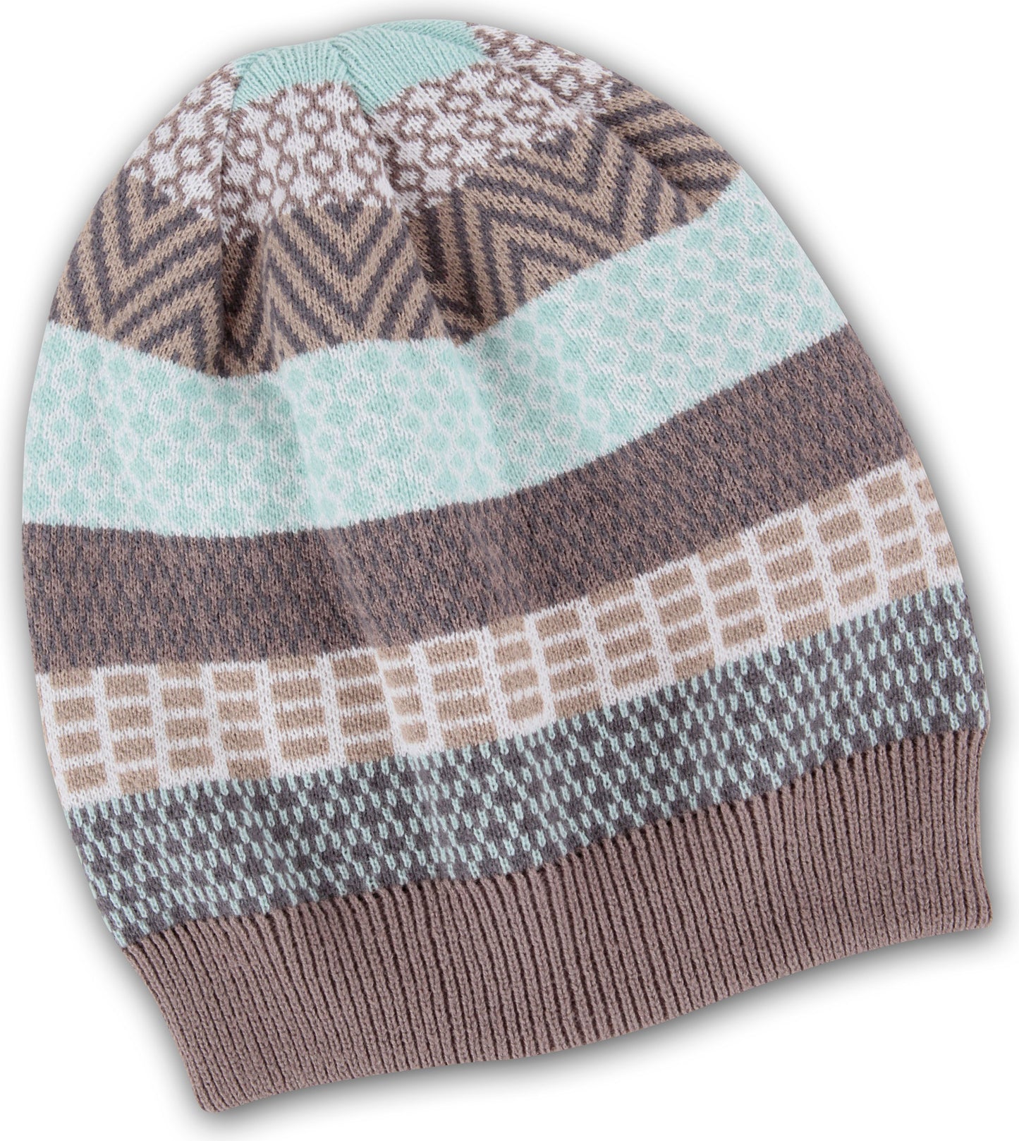 Knitted beanie with alternating horizontal stripes in shades of brown, tan, gray, white, and teal.