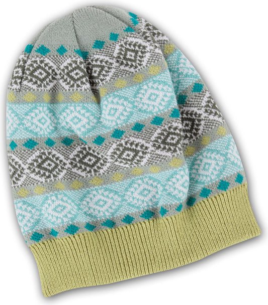 Knit beanie with fair isle geometric pattern in turquoise, white, gray, and light green with a ribbed brim.