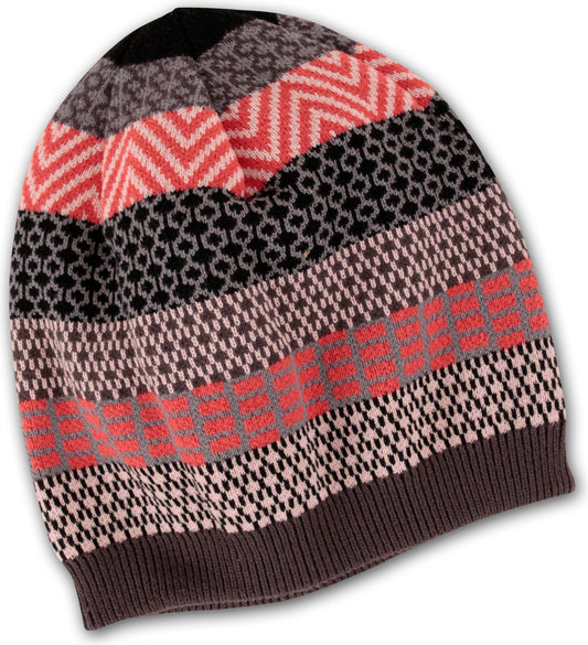 Beanie with bands of geometric patterns in black, gray, pink, and brown.