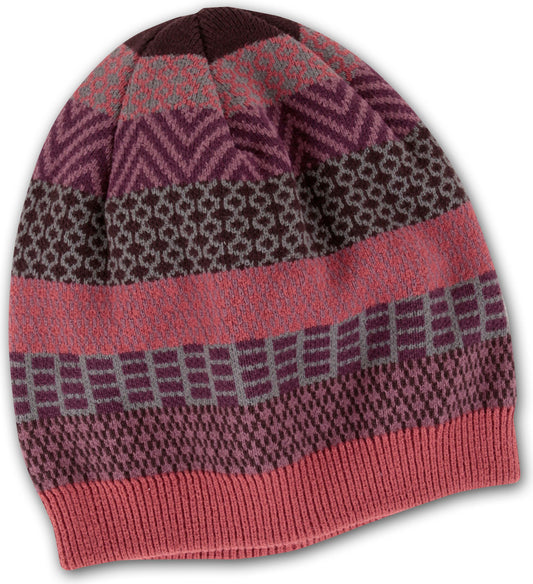 Knitted beanie with pink, purple, and gray striped patterns.
