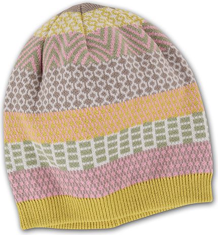 Knitted beanie with various geometric patterns in pink, yellow, white, and grey.