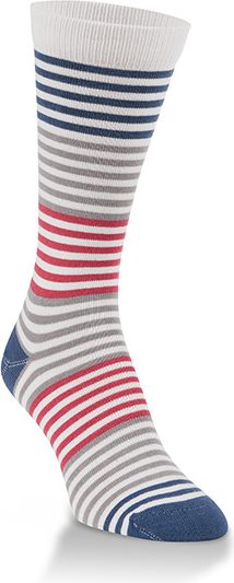 Striped sock with red, grey, white and blue lines.