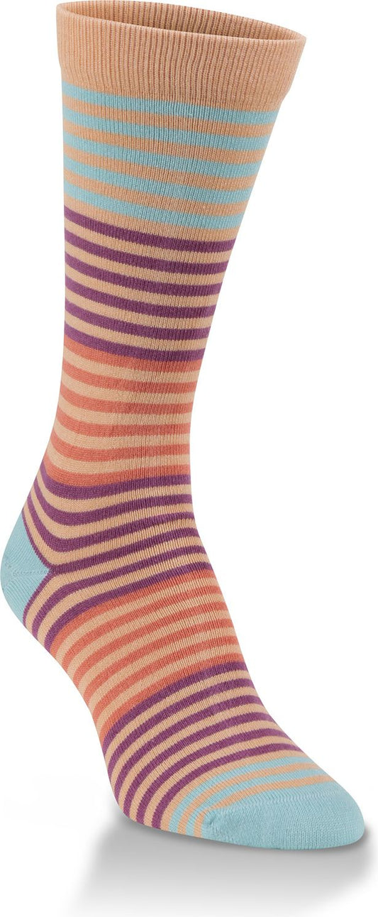 Striped sock with tan top, interspersed with light blue and purple stripes.