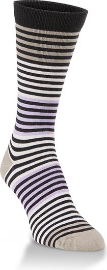 Striped sock in black, grey, white and lavender.